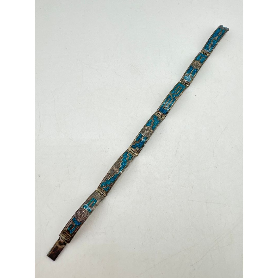 Vintage Sterling Silver 925 GM-10 Mexico Turquoise￼ Inlay 5 Panel Bracelet 7.5”