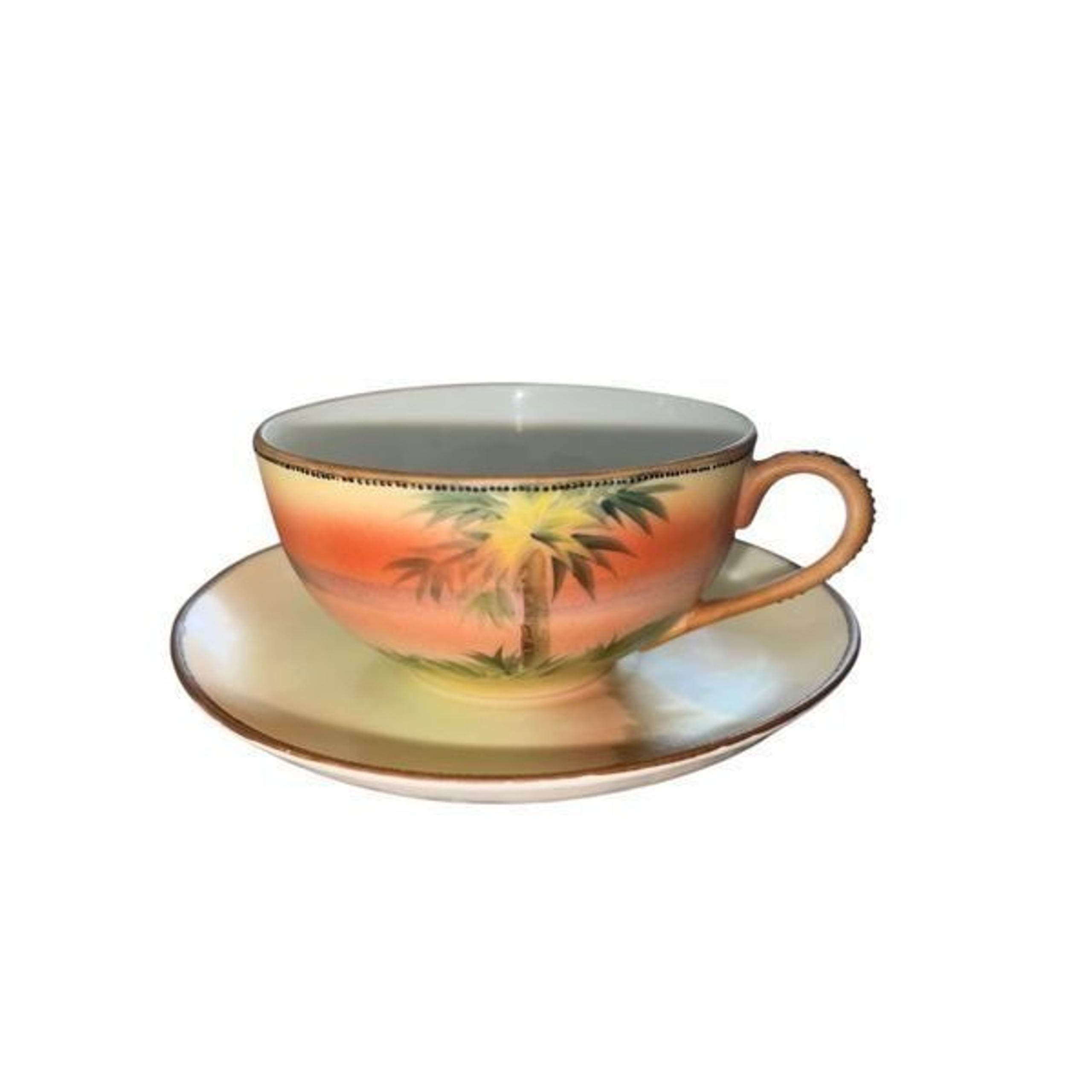 Vintage Hand Painted NIPPON Japan Sunset Palm Tree TEACUP Tea cup Saucer Set