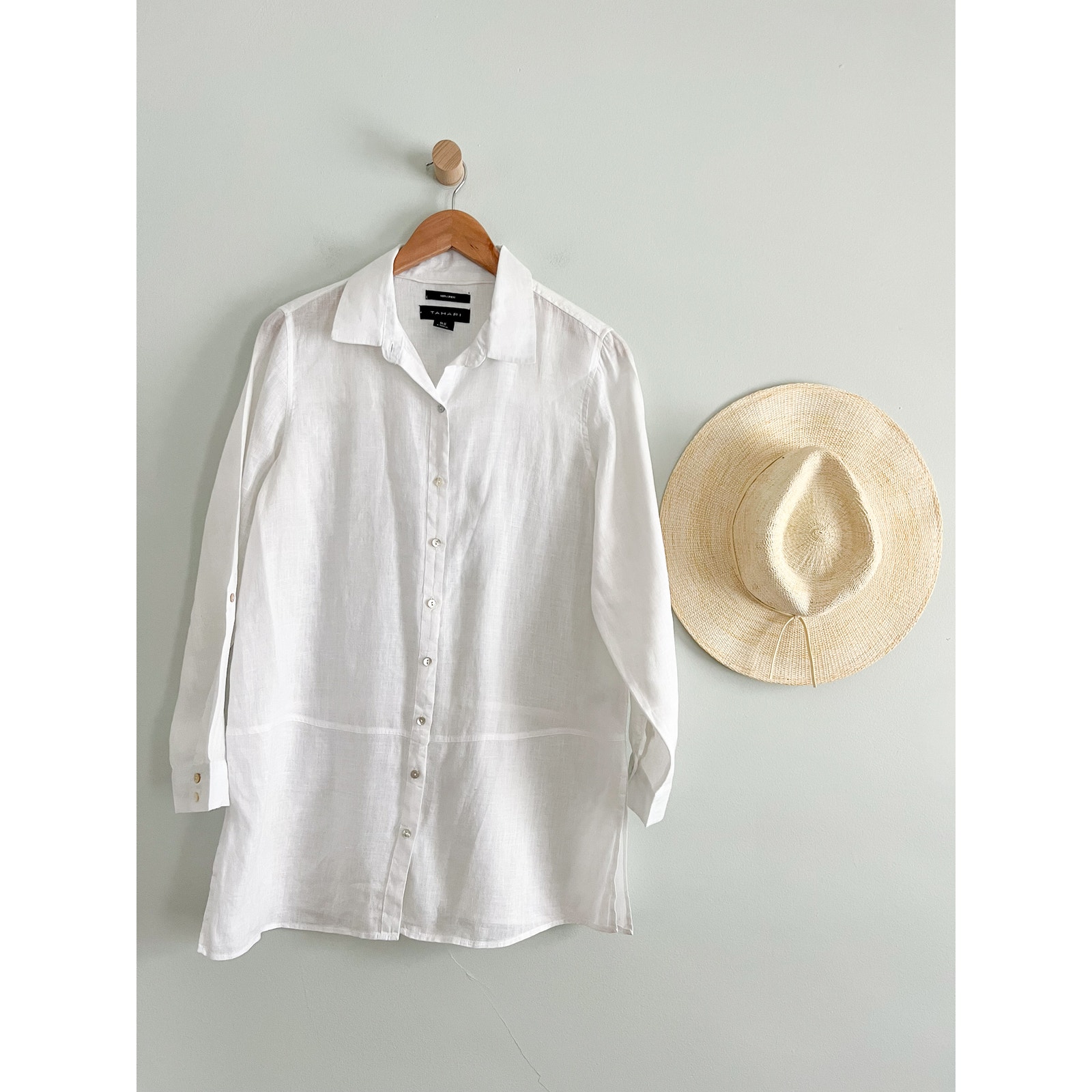 Tahari 100% Linen Button Down Tunic Top White Sz M Lagenlook Airy Relaxed