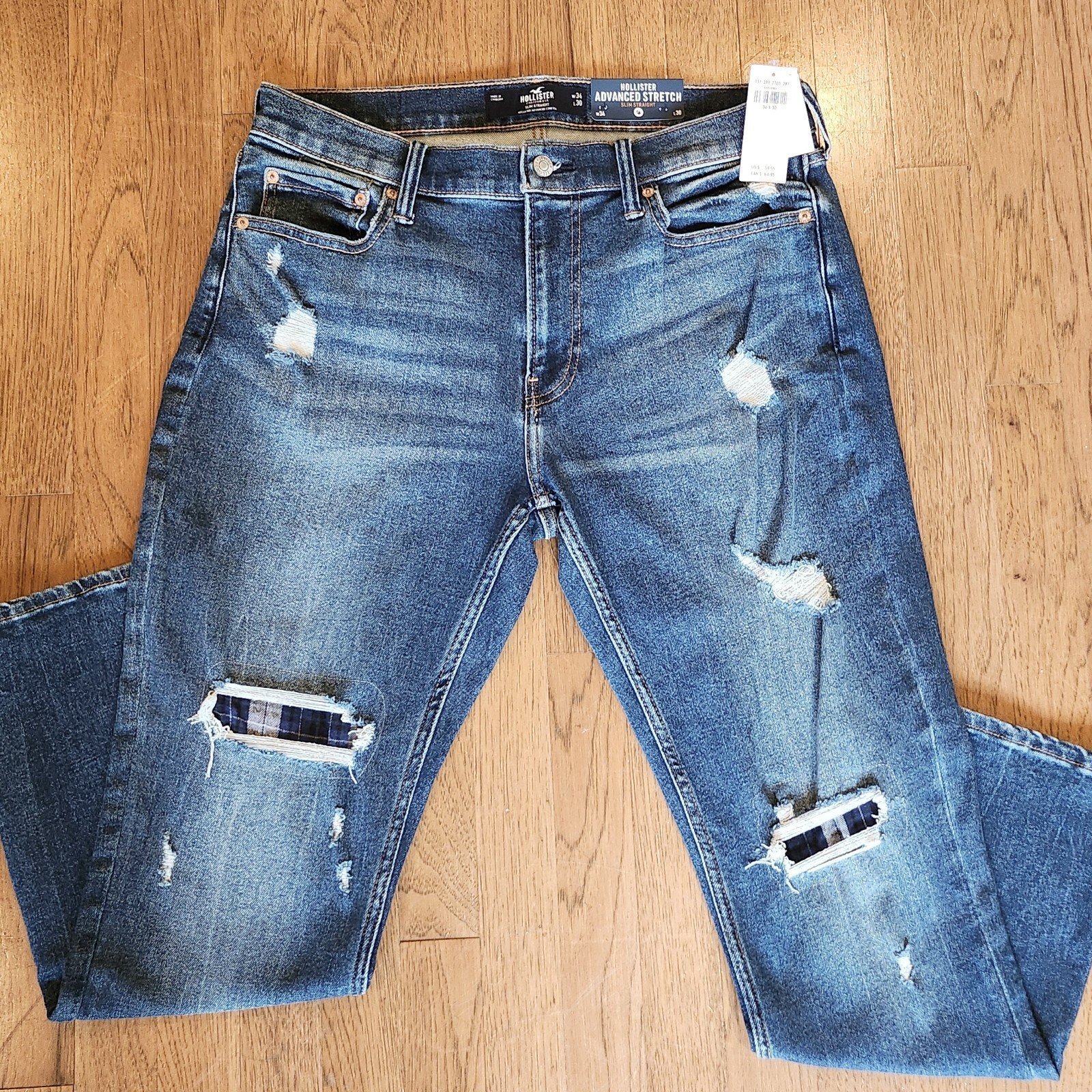 Hollister Men's Medium/Dark Wash Plaid Patch Ripped Slim Straight Jeans
