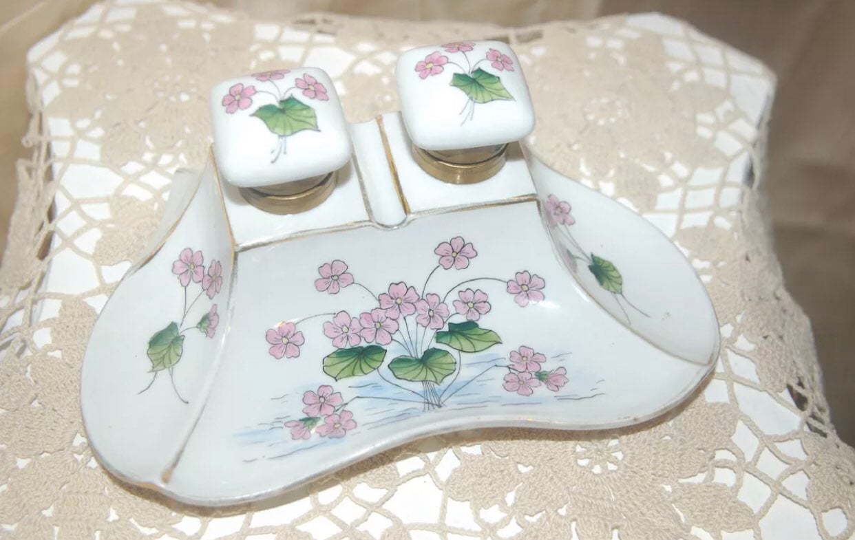 Rare Antique Porcelain Ladies Inkwell set in Excellent Condition!