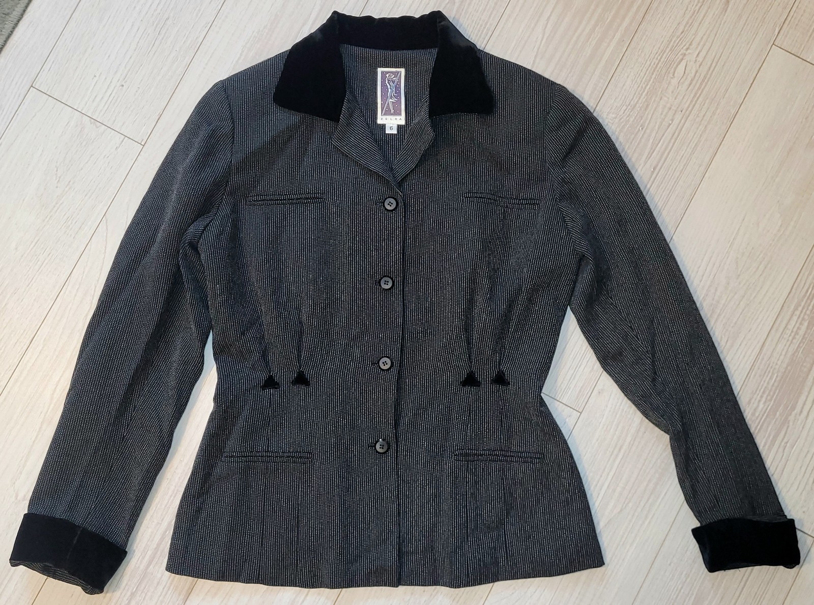 Vintage Y2K 90s Zelda Blazer 100% Wool Fitted Jacket Women Size 6 Black Striped