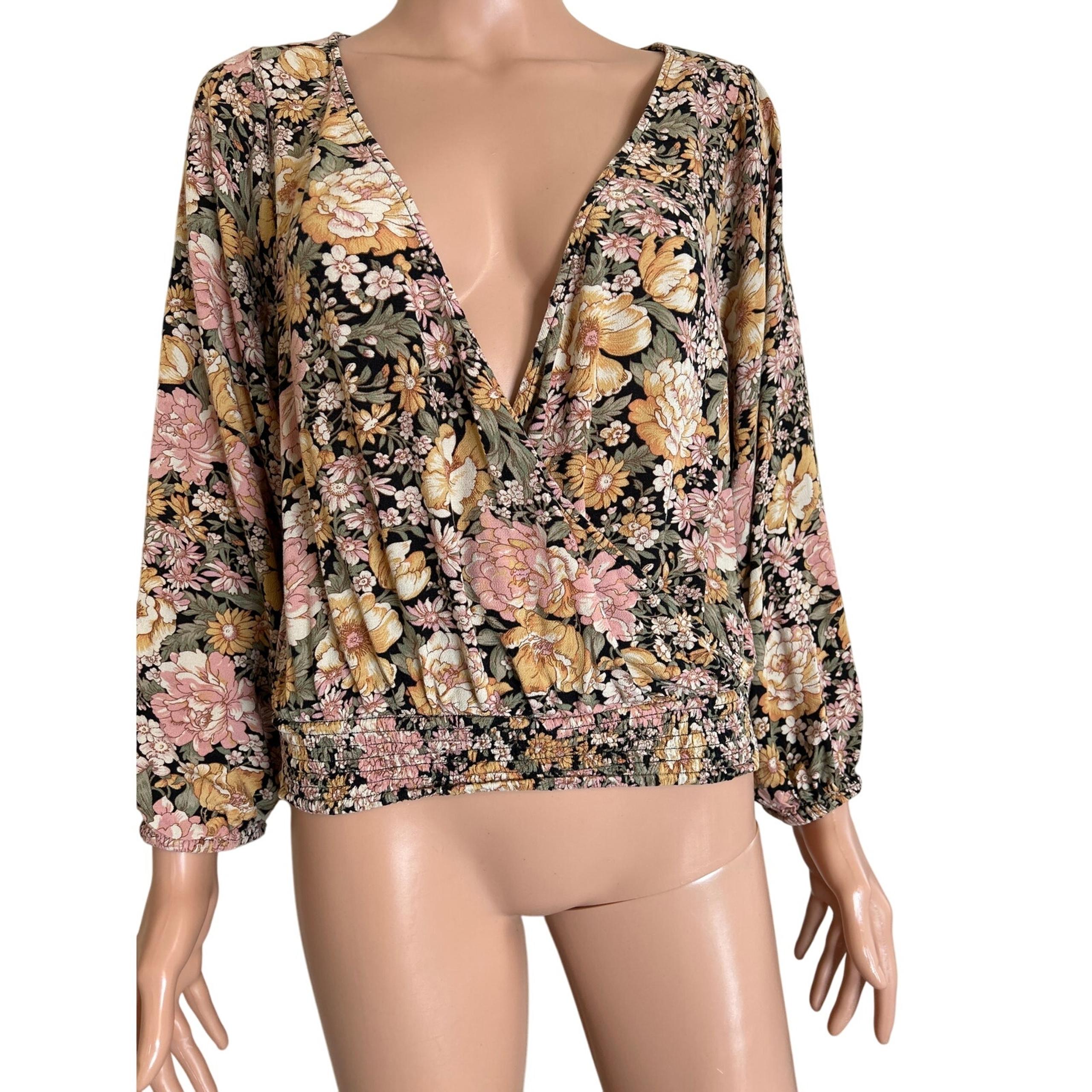 AMERICAN EAGLE WOMEN BLACK FLORAL WRAP-FRONT BLOUSE elastic waist SZ L
