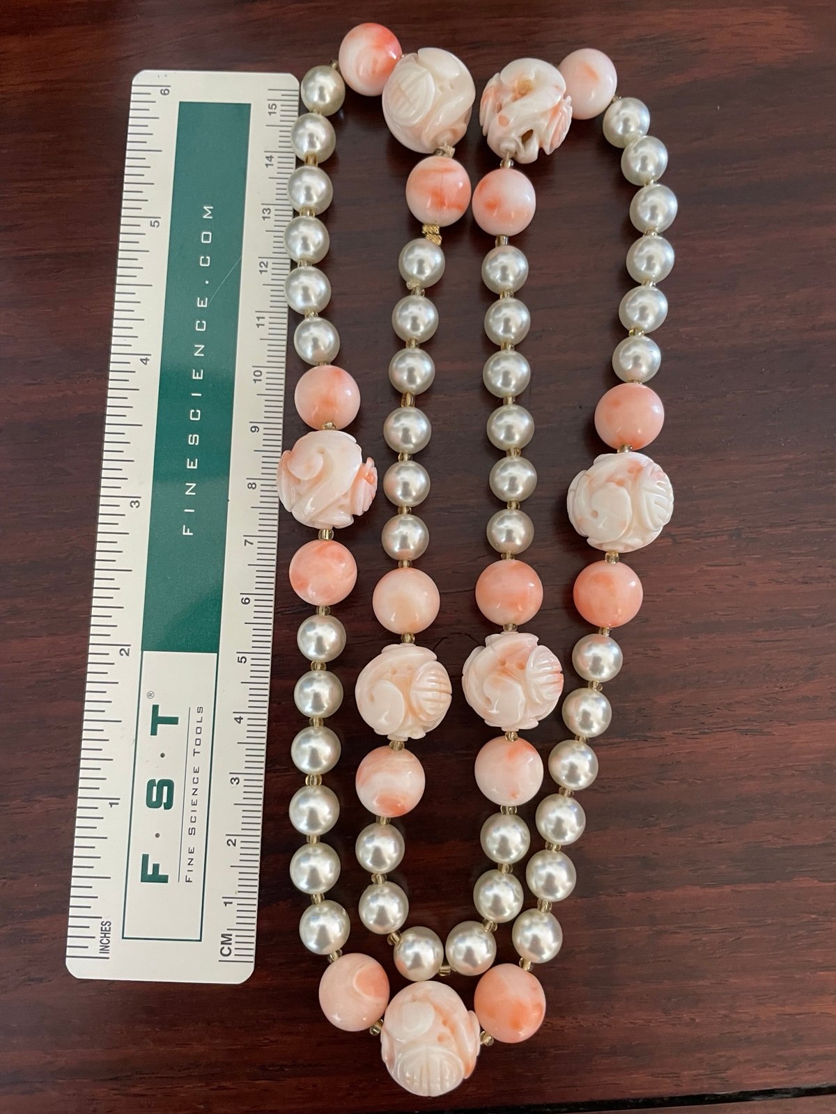 25 inches long vintage Chinese coral bead pearl color bead necklace