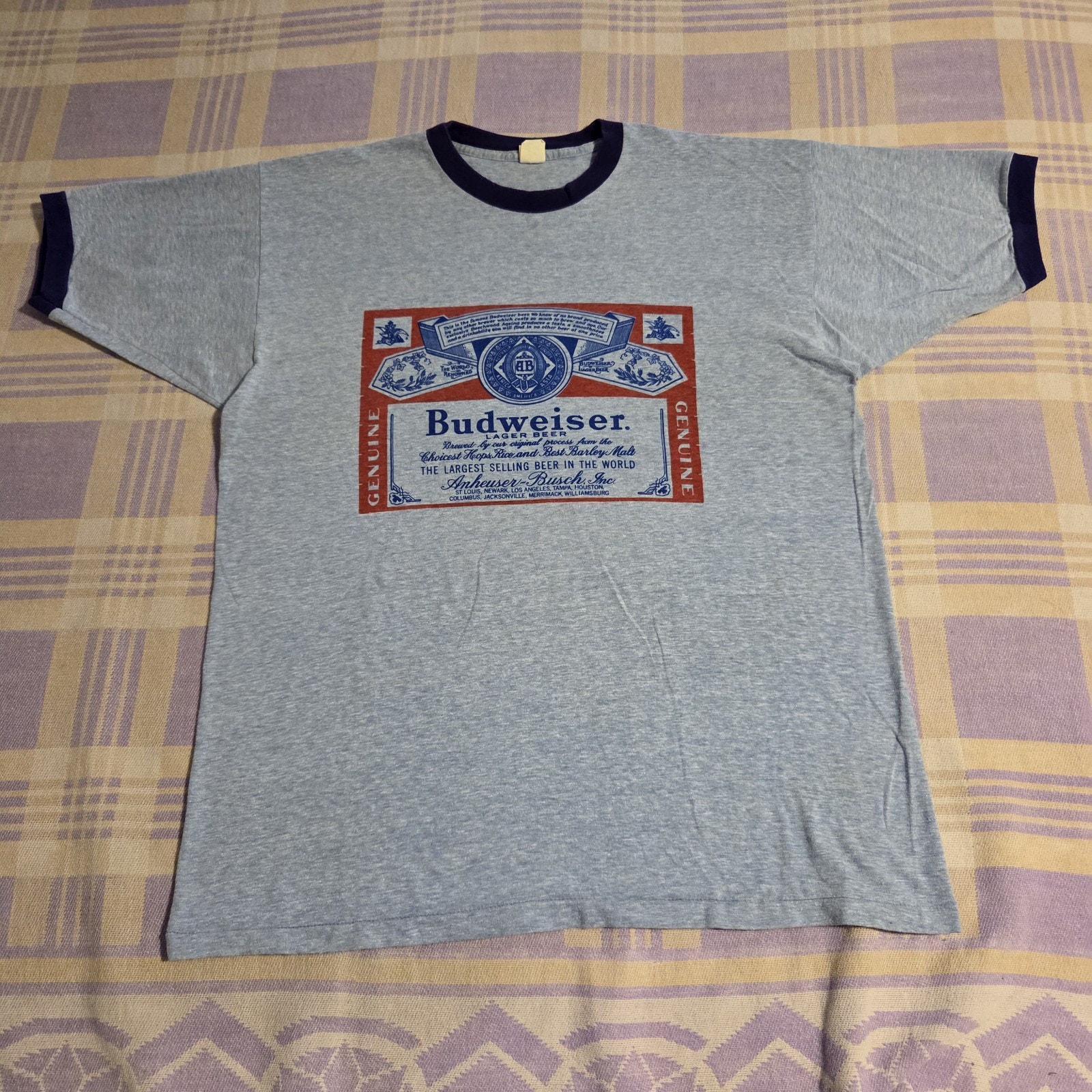 Vintage Budweiser Graphic Ringer Logo T Shirt Size XL Busch 60s 70s Artex