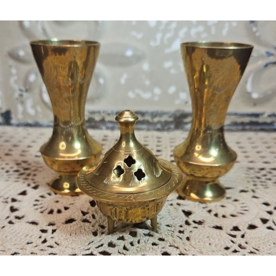 Pair of Vtg Brass Etched Decorative Candle Holders & Lidded Incense Burner