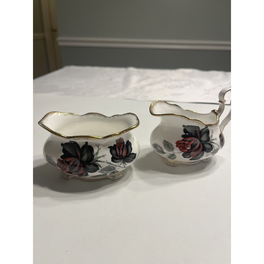 Royal Albert Masquerade Black Purple Rose Sugar & Creamer England Rare HTF