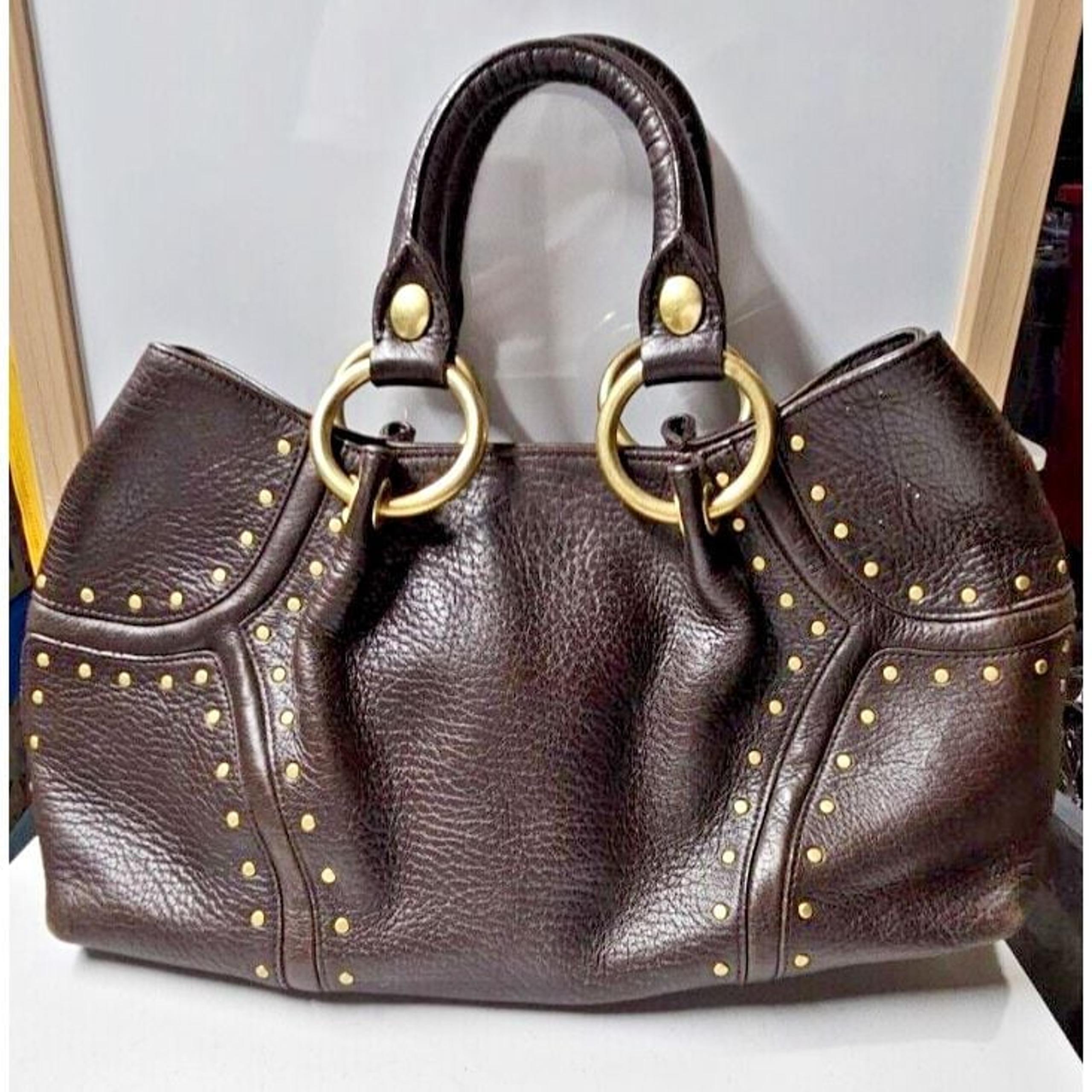 KENNETH COLE genuine leather brown gold rivets satchel handbag double handles