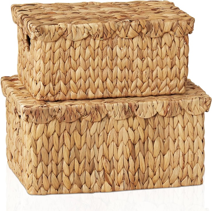 Natural Set of 2 Water Hyacinth Wicker Baskets with Lids & Handles