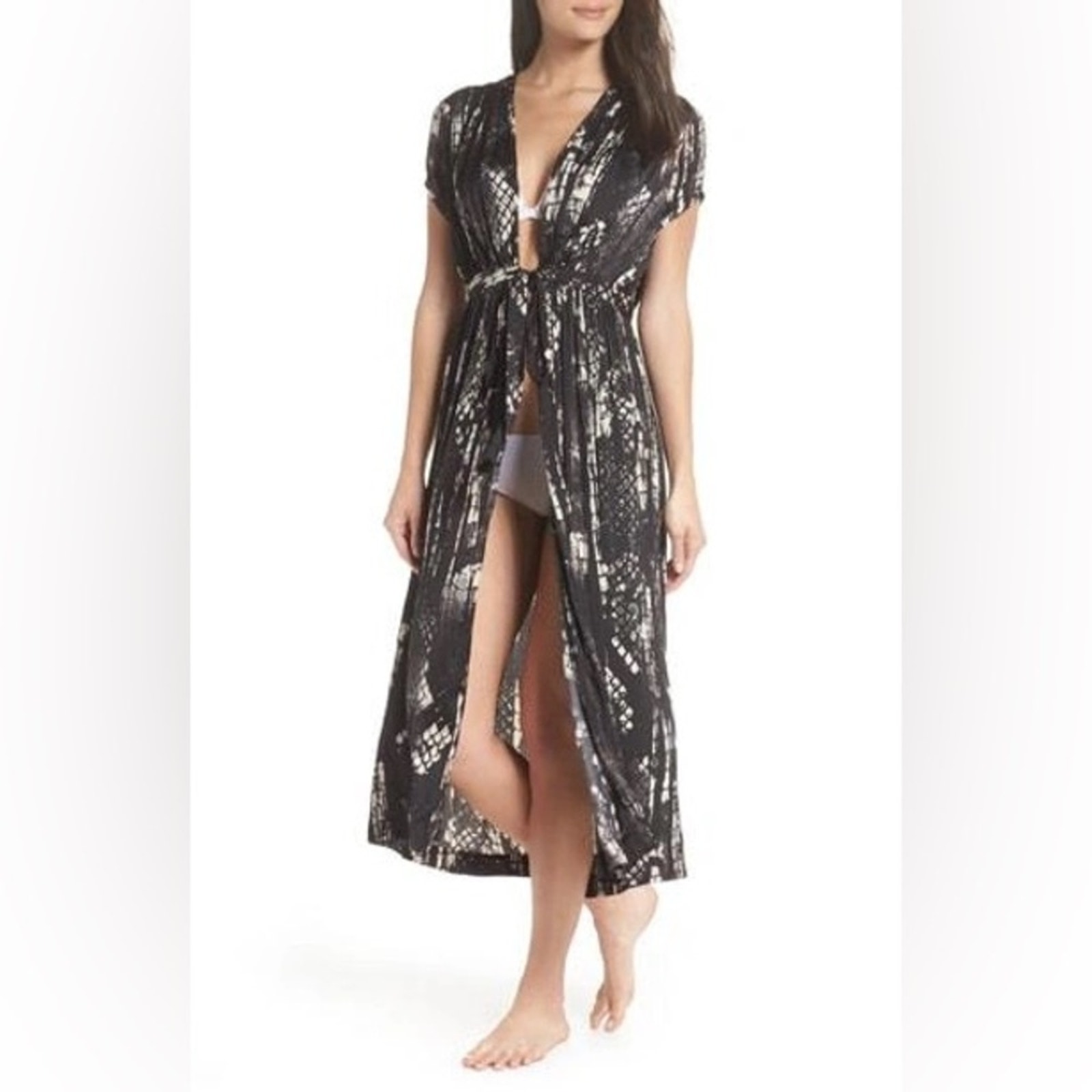 [intimately free people] so long tie front robe coverup black snake print S