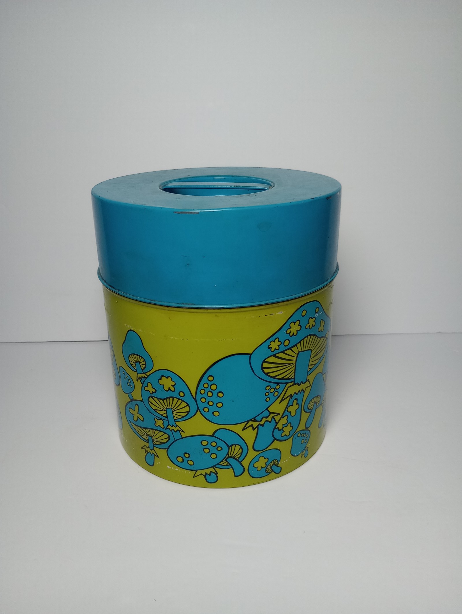 Vintage Counterpoint Mushroom Tin 7" green and blue with lid