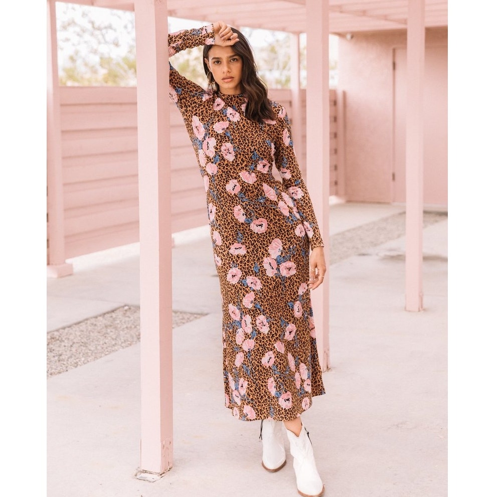 Free People Retro Romance Molly Mock Neck Leopard Floral Midi Maxi Dress Medium
