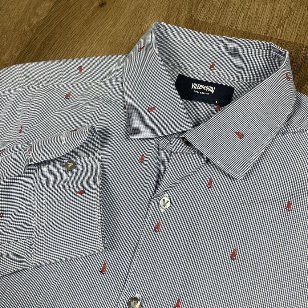 Vilebrequin Dress Shirt Mens Size Large Blue Check SAILBOAT ALL OVER PRINT EUC