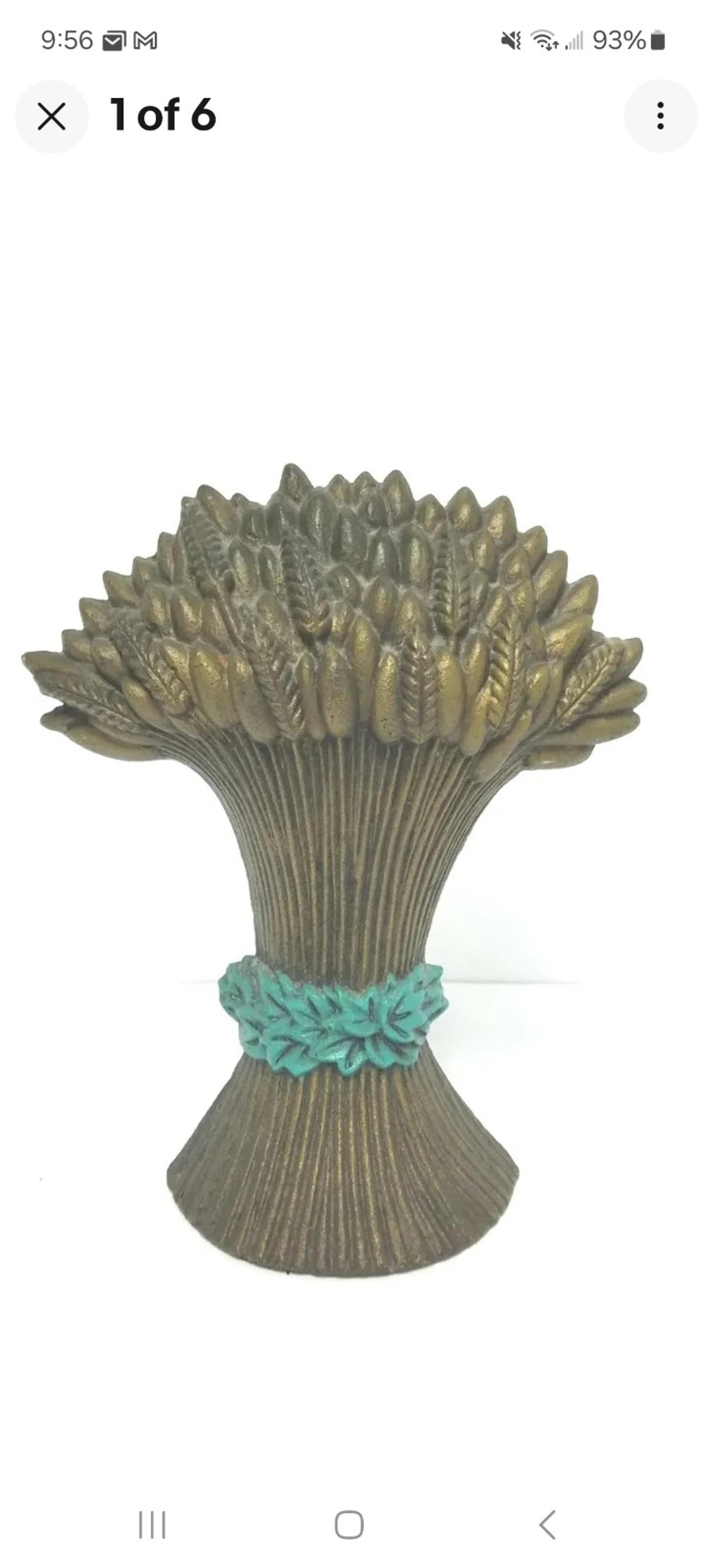 VTG 1992 Farmhouse Harvest Wheat Cast Iron Doorstop Turquoise Leaf Ribbon 8.5"