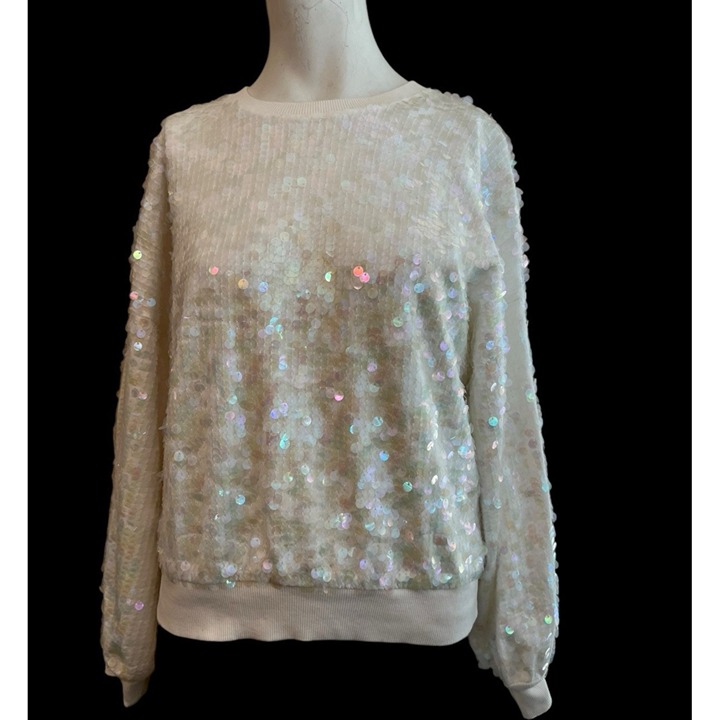 Ladies Large Sequined Ivory Crewneck Sweater Blouse Parker Beautiful Top