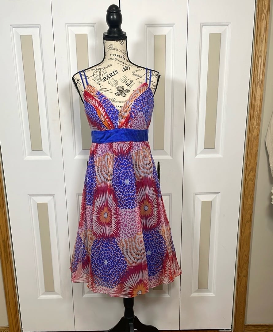 OLEG CASSINI Floral Burst 100% Silk Spaghetti Strap Empire Waist Size 8 Dress