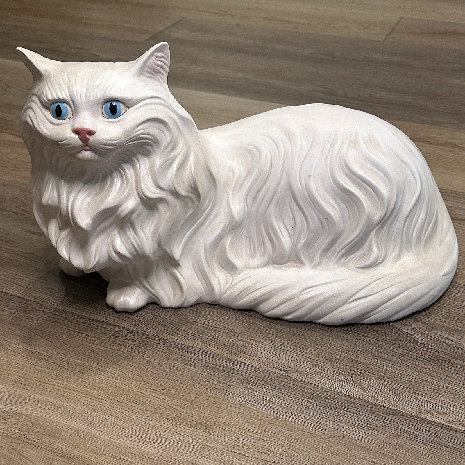 Vintage Large White Ceramic Resting Cat Statue Country Farmhouse Signed 1969