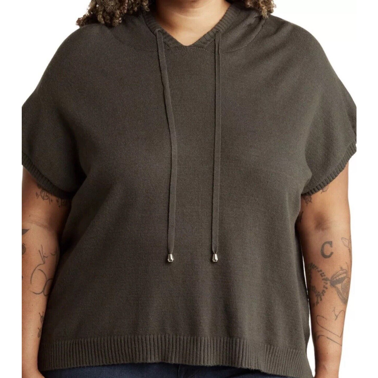 T Tahari Hooded Sweater Plus 2X Olive Fatigue New Nordstrom Soft Short Sleeve