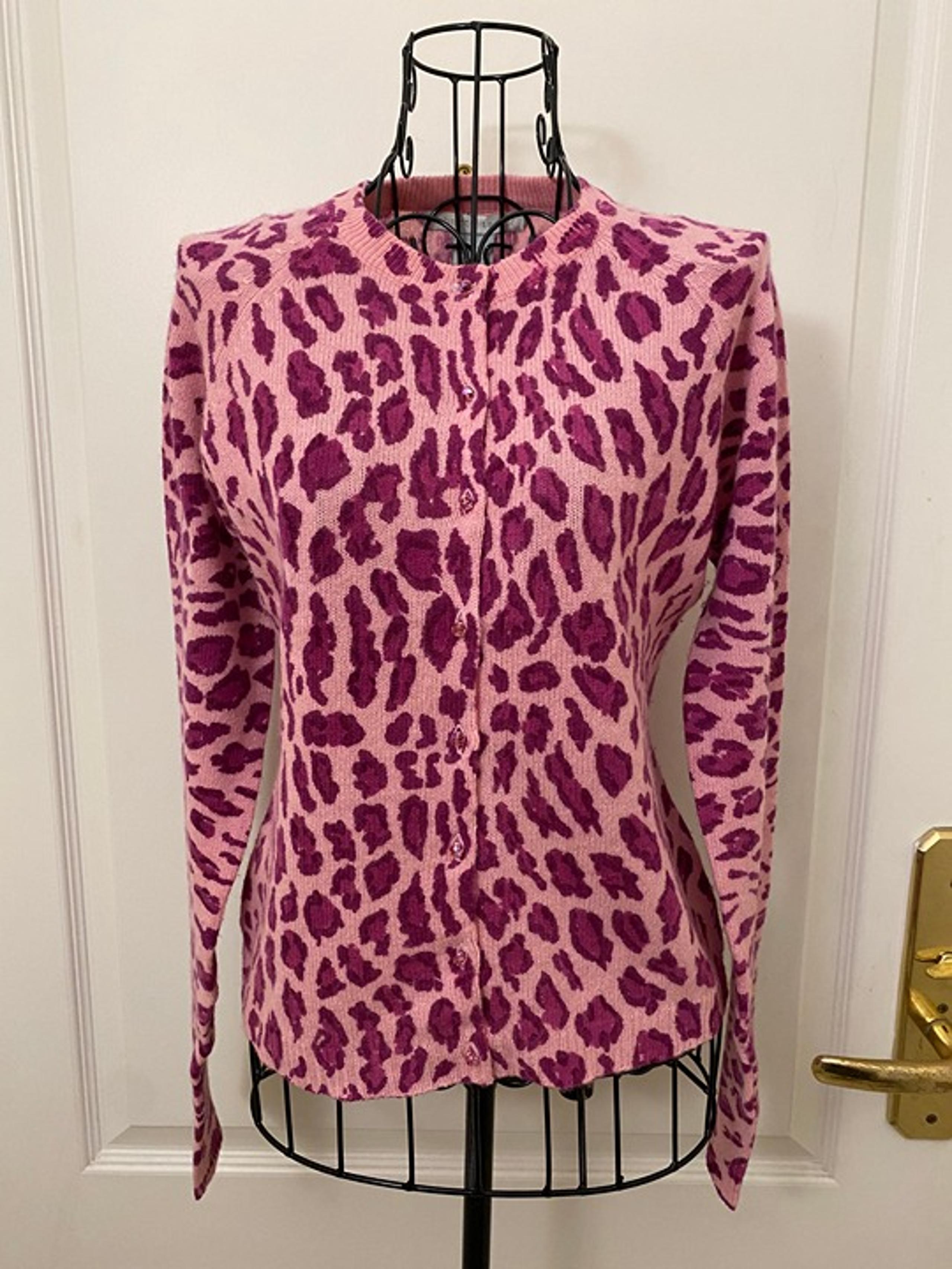 Rebecca Taylor Pink Leopard Print Swarovski Buttons Cardigan Sweater Size Small