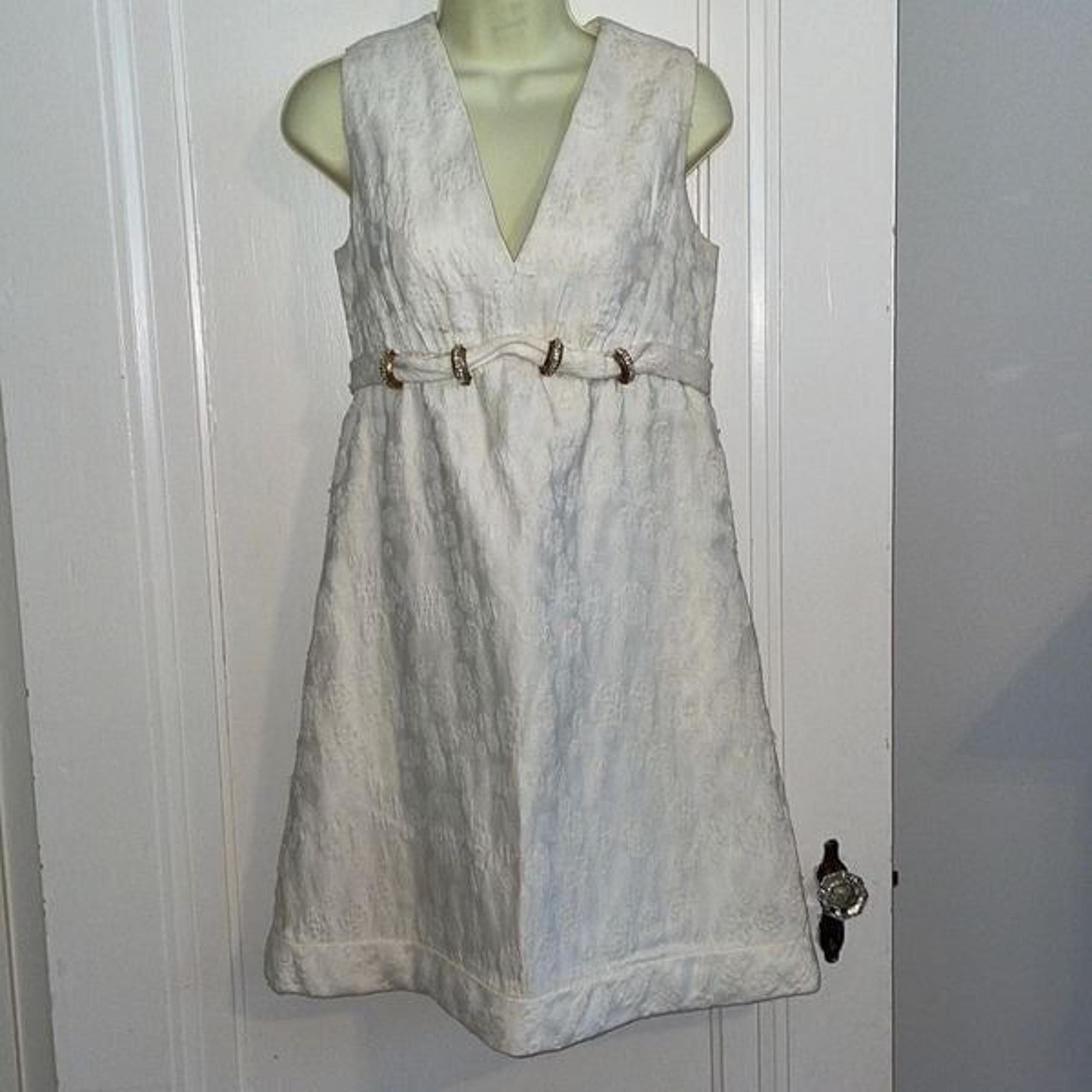 Vtg 60s Kent Originals Ltd white brocade V neck dress with rhinestone detailing