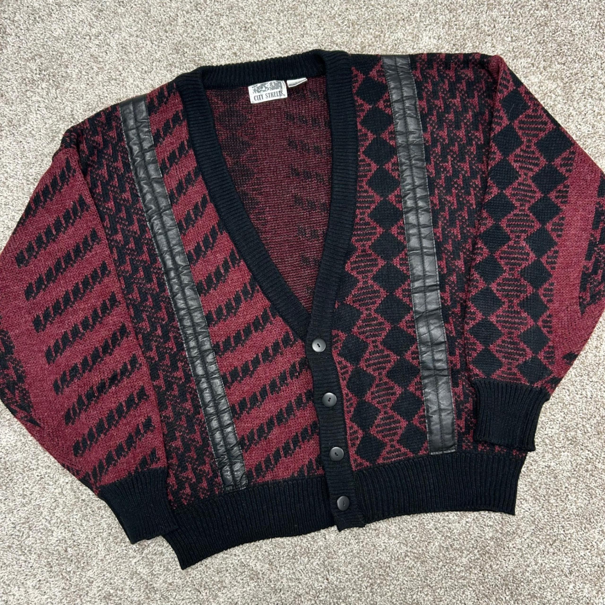 Vintage City Streets Cardigan Sweater Leather Trim Men Large Wool Blen Geometric