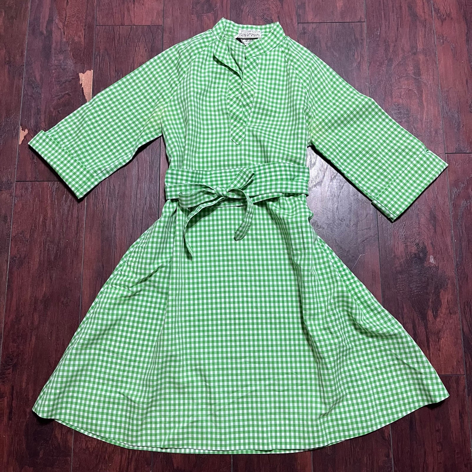 Vintage Saks Fifth Ave. Green Gingham 1960’s Belted Dress Size 7/8