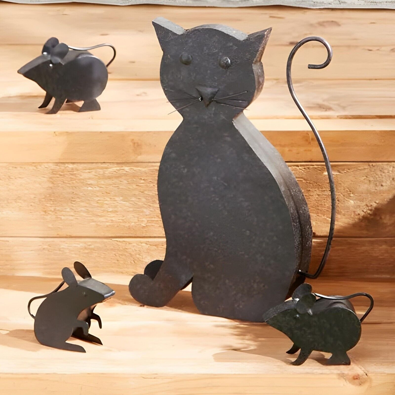 Rustic Metal Cat & Mouse Garden Outdoor Sculpture Lawn Patio Home Yard Art Décor