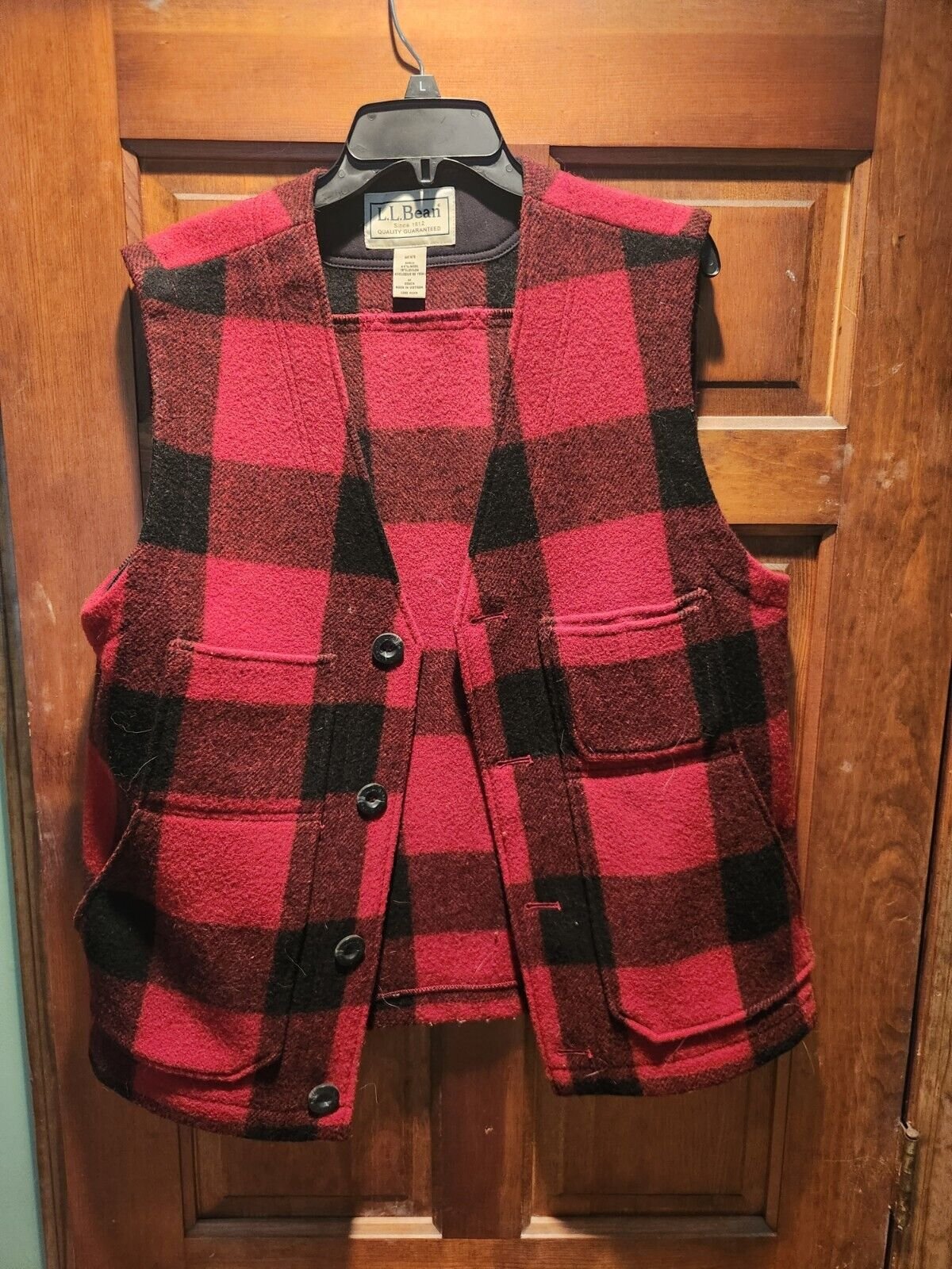 Vintage LL Bean Buffalo Plaid Wool Vest Med Red Black Made In USA Freeport Maine