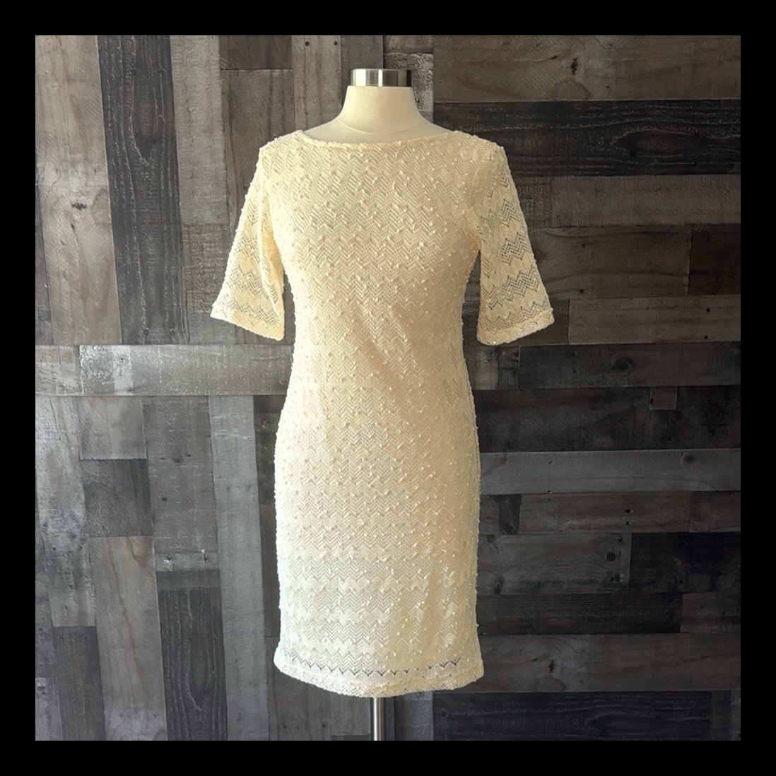 Sharagano cream lace midi dress size 8 sparkly sequins feminine cocktail party
