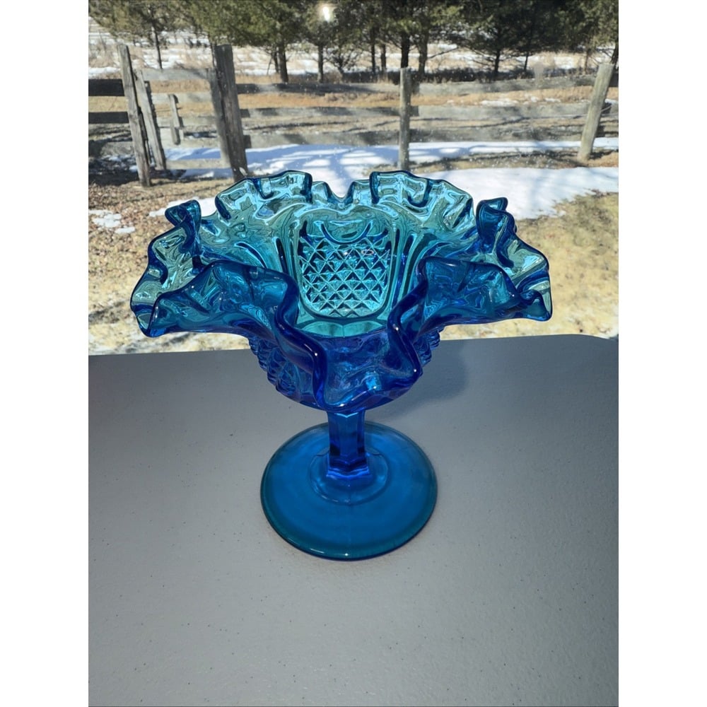 Fenton Blue Glass Empress Compote Footed Candy Dish
