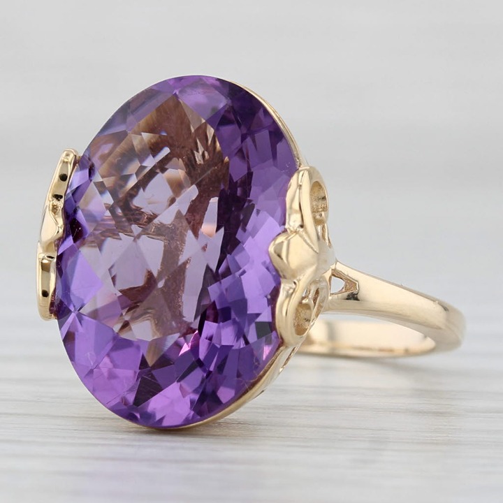 10.37ct Oval Amethyst Solitaire Ring 14k Yellow Gold Sz 7.5 Fleur Di Lis Accents