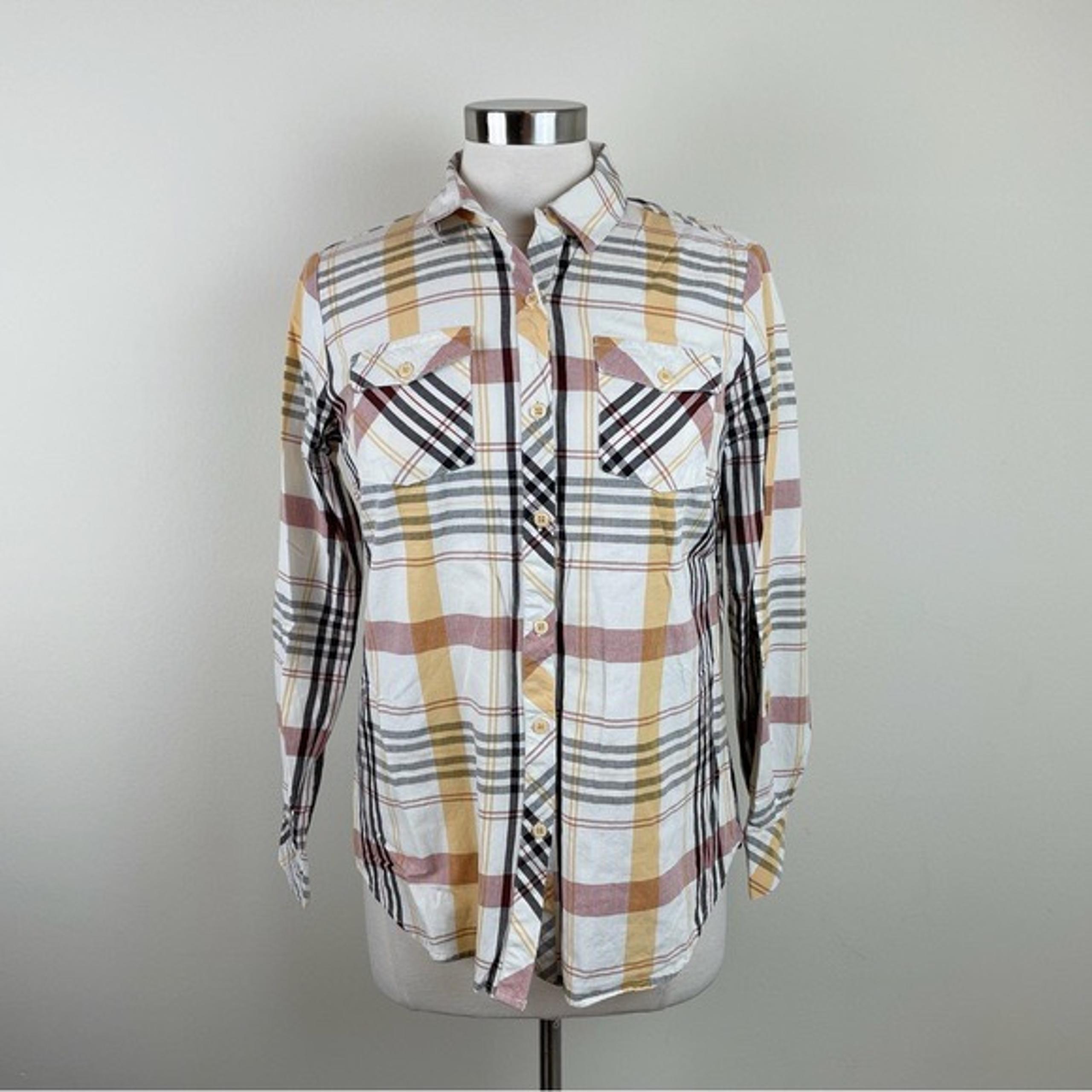 Christopher & Banks Yellow Brown White Plaid Long Sleeve Button Down Shirt Women