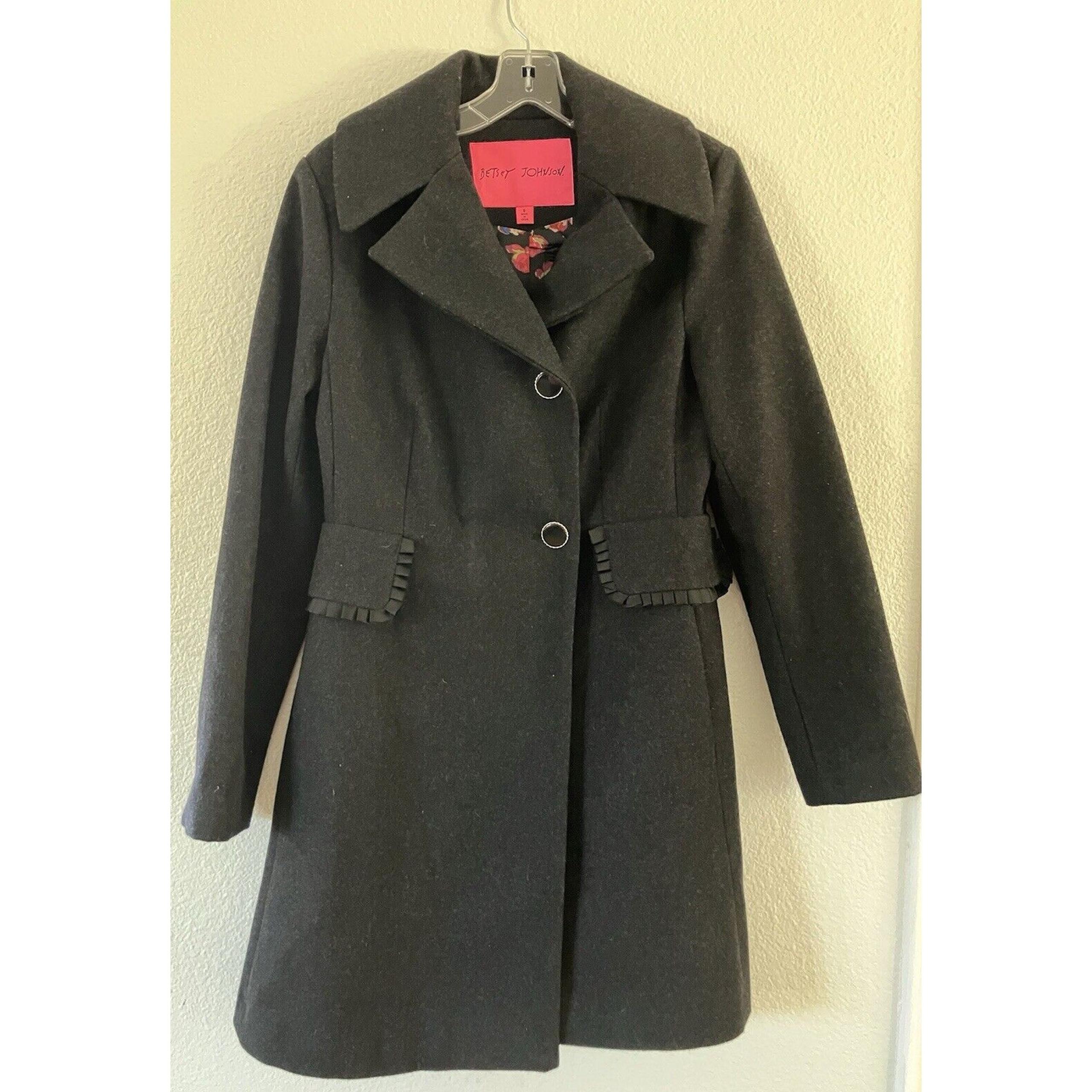 Betsey Johnson Black Wool Blend Coat with Floral Lining Classic Peacoat SZ 8