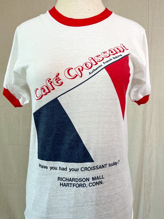 Vintage 80s Single Stitch Croissant Bakery Hartford, Connecticut Ringer Tee - M