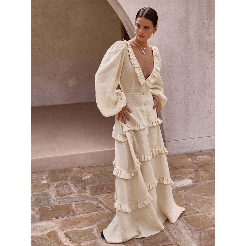 Commense Cotton & Linen V-Neck Ruffle Trim Long Dress colorApricot size L/8-10
