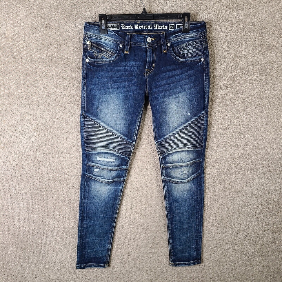 Rock Revival Jeans Women 28 Blue Moto Gaby Skinny Dark Wash Biker Bikercore Edgy