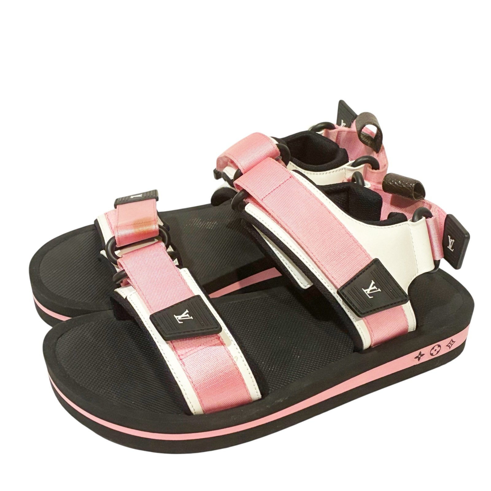 LOUIS VUITTON Size 37/7 Black Pink Velcro Straps Monogram Flat Arcade Sandals