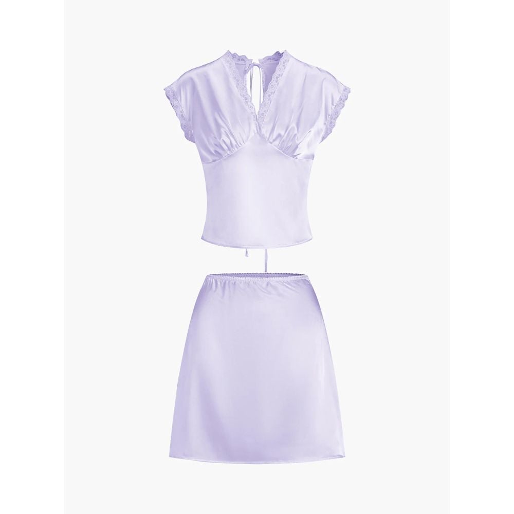 Commense Lace Trim Satin Lila Skirt Set Size M