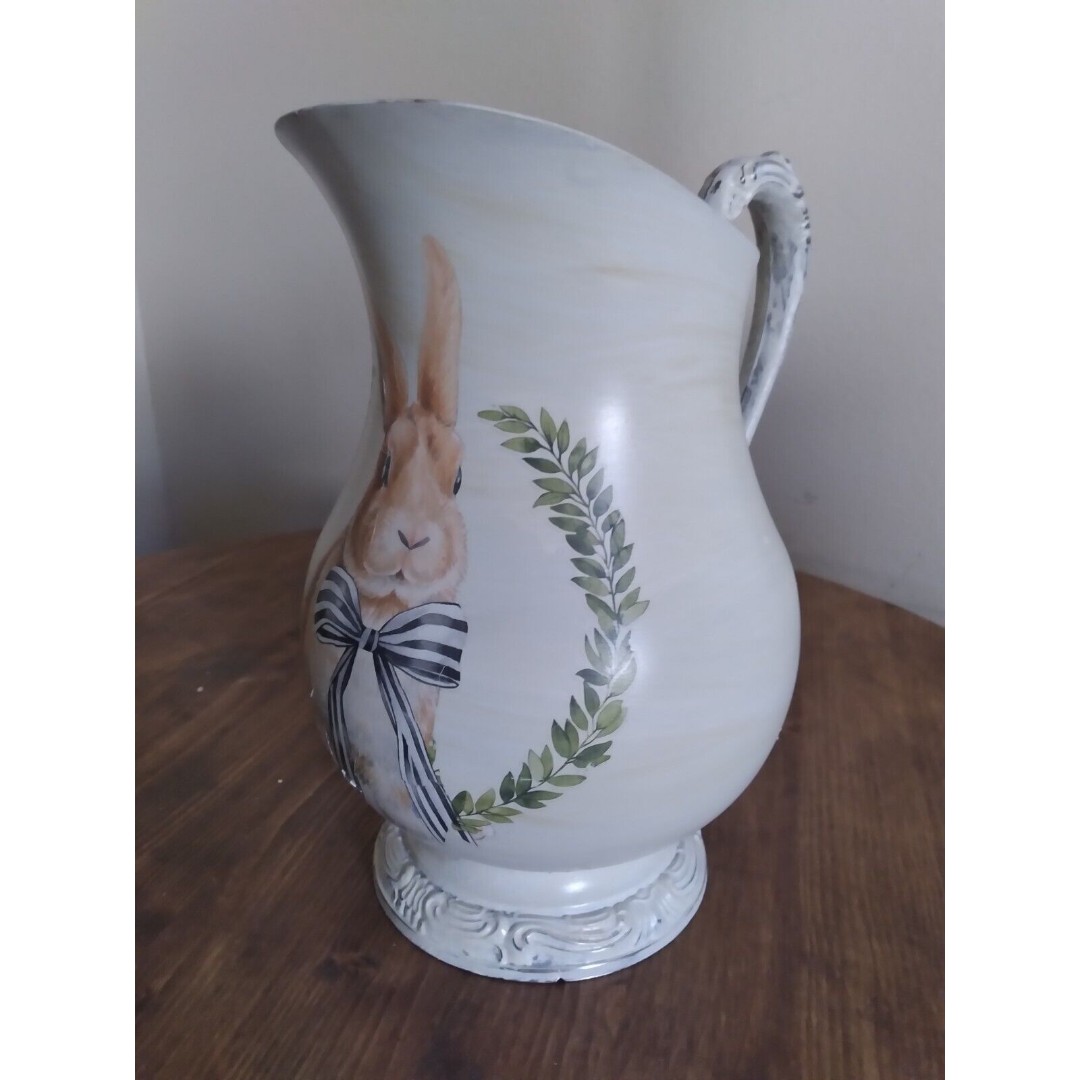 Shabby Chic Silver Plated Water Pitcher 9 in height Creamy Tan with Rabbit