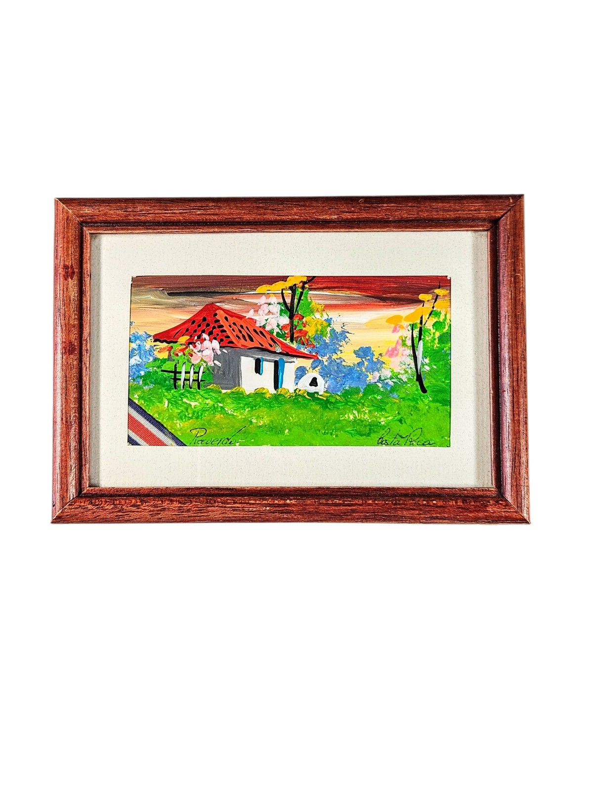 Vintage Signed Costa Rica Oil Painting Framed Under Glass House Landscape 5x7
