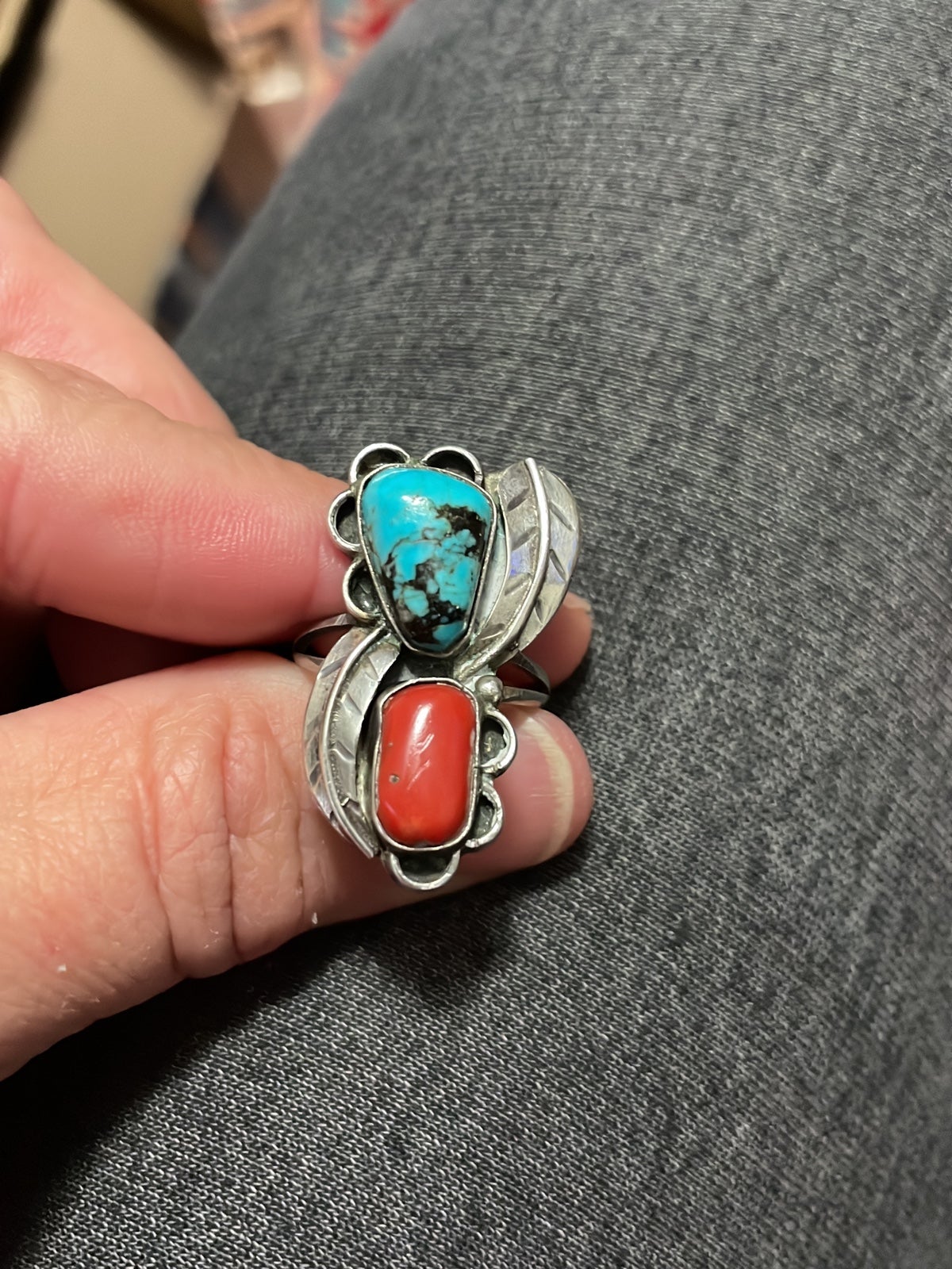 Native American Old Pawn Navajo Type Ring Coral and Turquoise