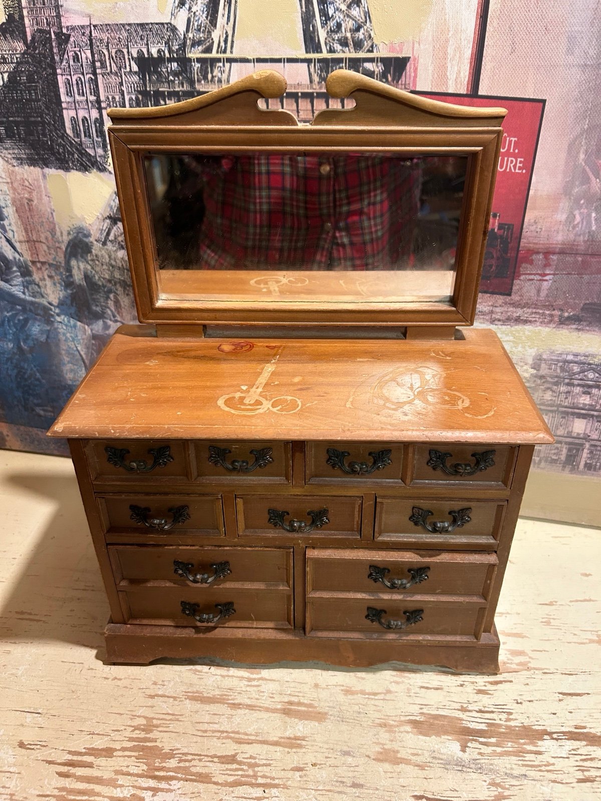 1970’s vintage wooden mirrored jewelry box chest of drawers musical