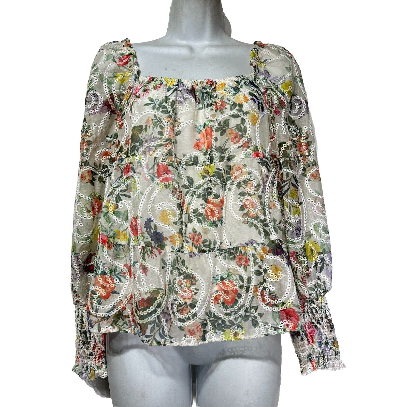 Alice + Olivia Rowa Smocked Eyelet Floral Square Neck Blouse Tunic Top Size XS