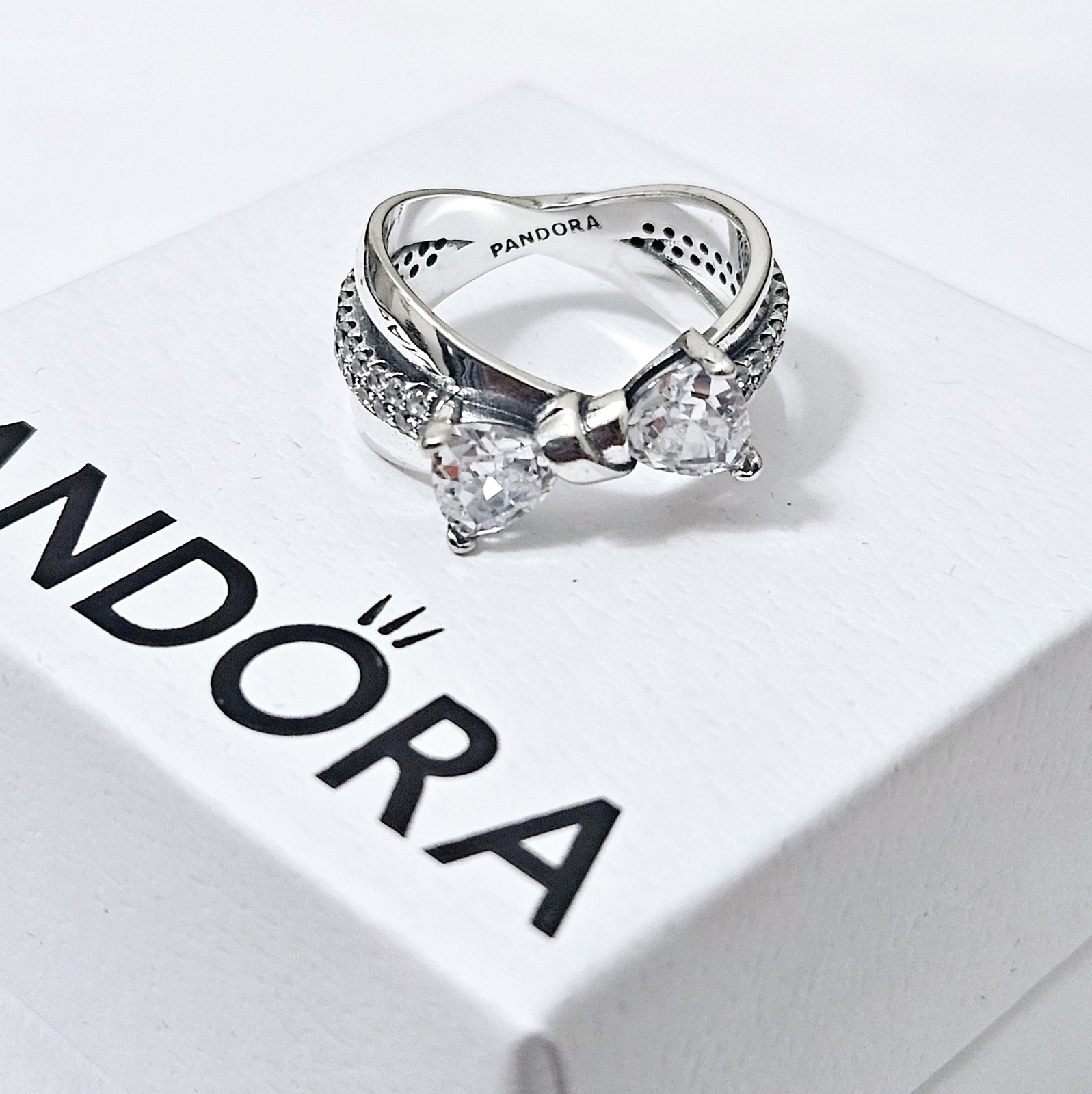 Silver bow diamond women's ring size 6 gift