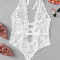NWT Criss Cross Deep V Teddy Bodysuit in Large!