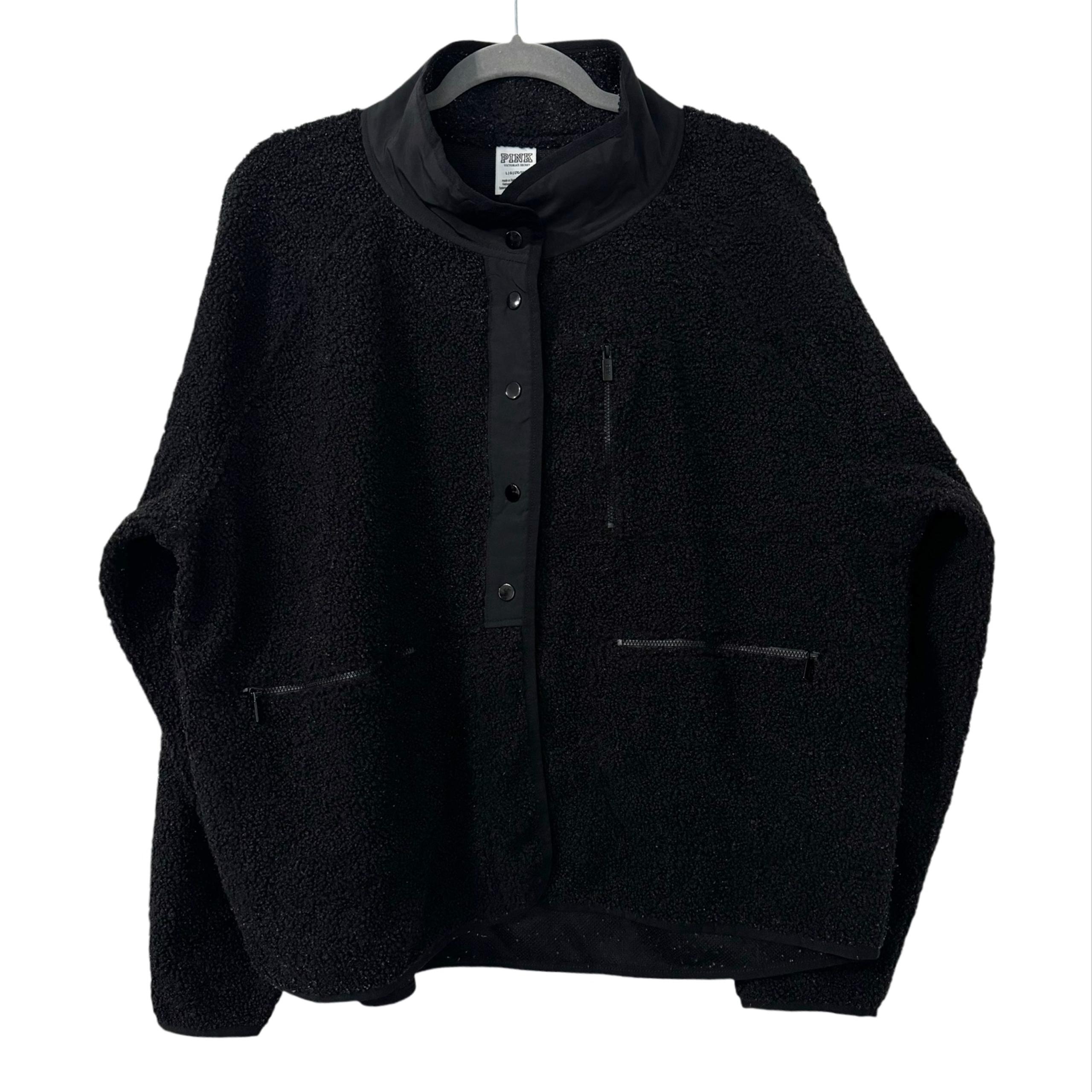 PINK Victoria’s Secret Womens Large Black Jacket Fleece Cozy Snap Up Zip Pockets