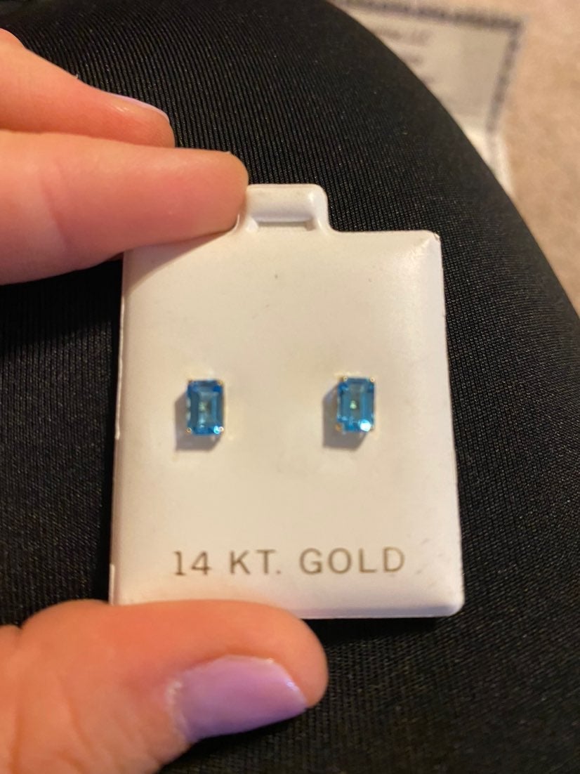 Emerald cut blue topaz earrings 14k