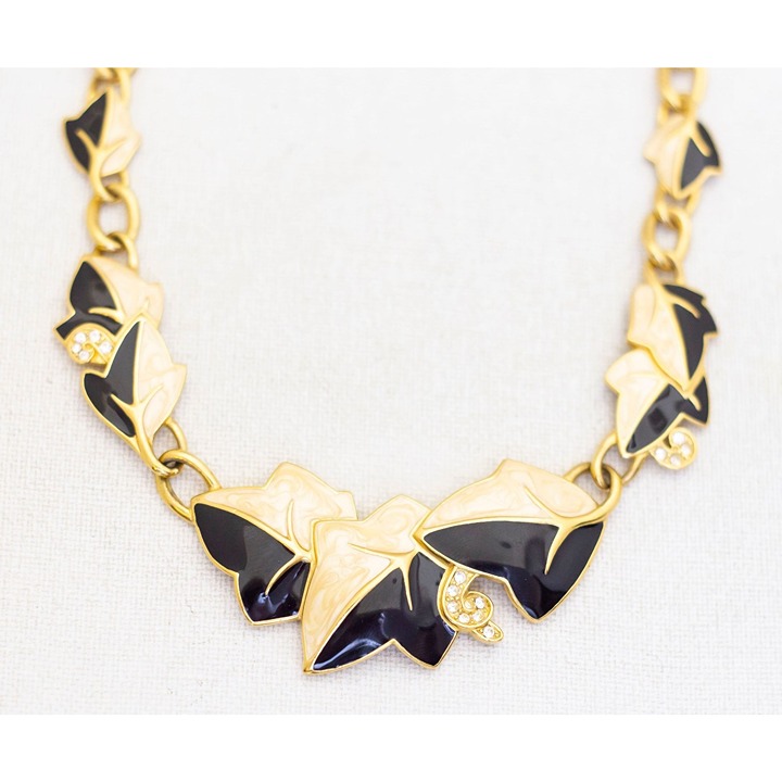 Vintage Gold and Black Bold Leaf Link Necklace 18 Inch by Trifari - AB1