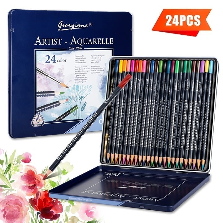 24 Watercolor Colored Pencils Set Soft Core Coloring Pencil for Painting Adults