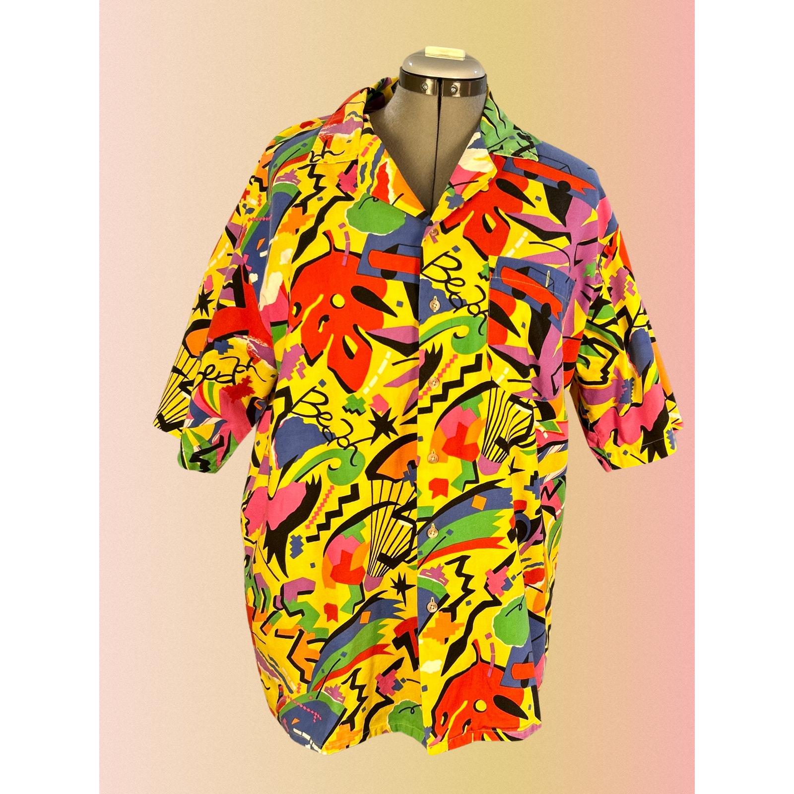 Vintage 60s 70s Woolrich Button Down Neon Novelty Print Short Sleeve Shirt XL